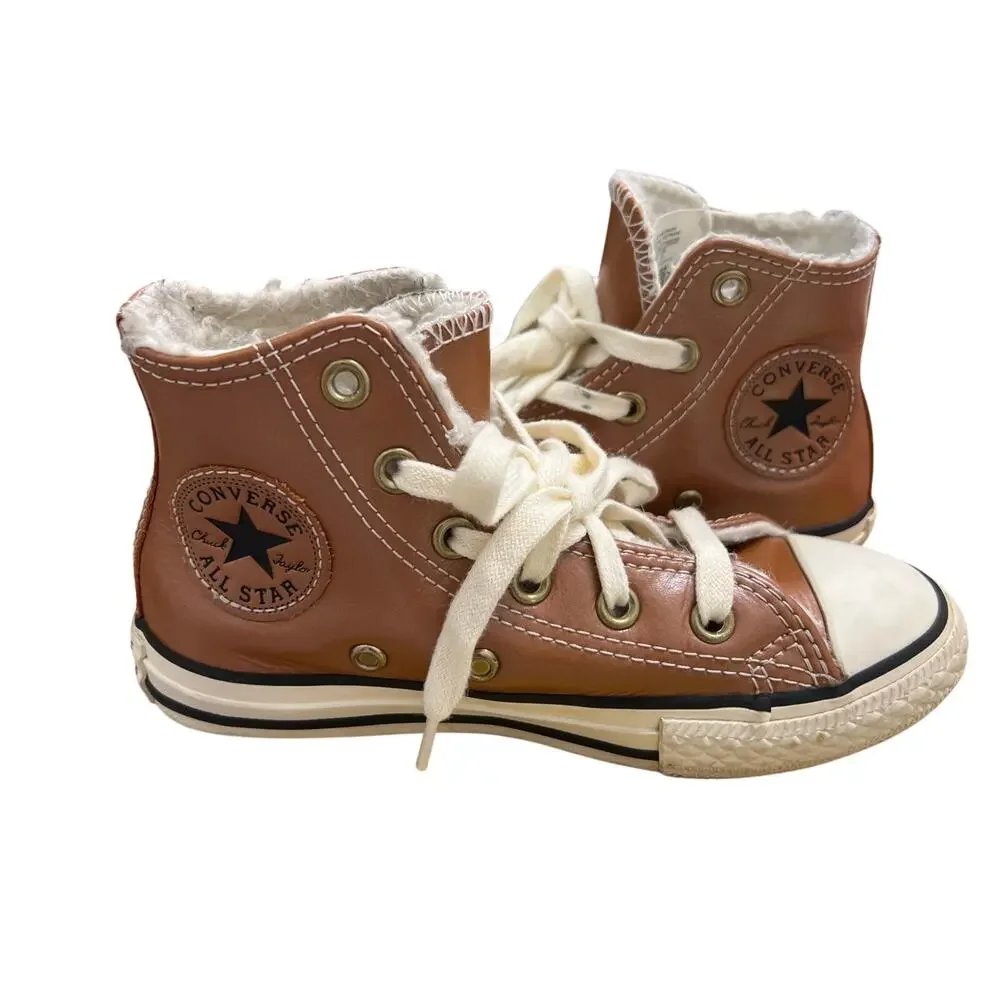 Converse Chuck Taylor All Stars Brown Leather Faux fur Lined Hi tops kids Sz 11